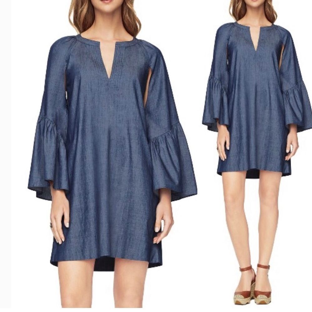 Bcbg Maxazria Ajax Blue Chambray Mini Full Shirtdress Bell Sleeve Small